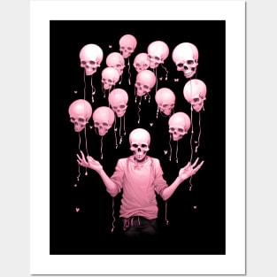 Pink preppy skeleton with skull balloons Posters and Art